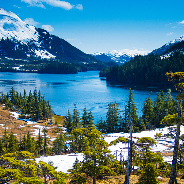 Snow melts slowly from the mountains as spring approaches at the end of May in south-central Alaska